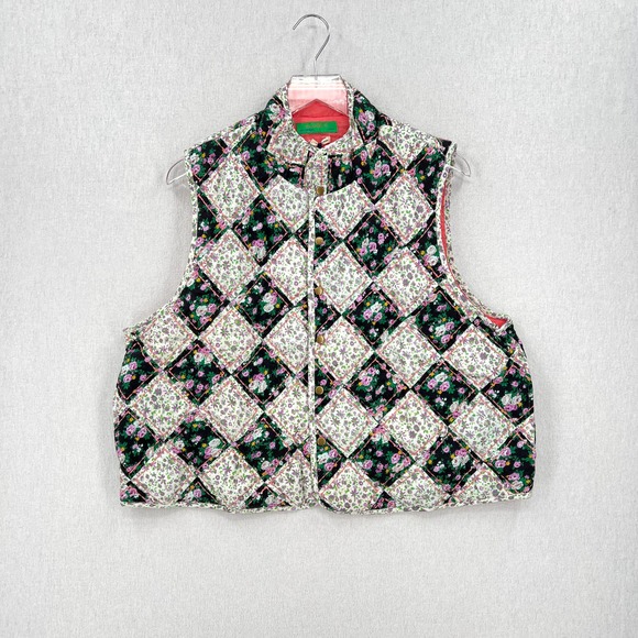 CLARE V Vest Womens Medium Large Black Multicolor Quilted Floral Reversible NWT - Picture 5 of 14